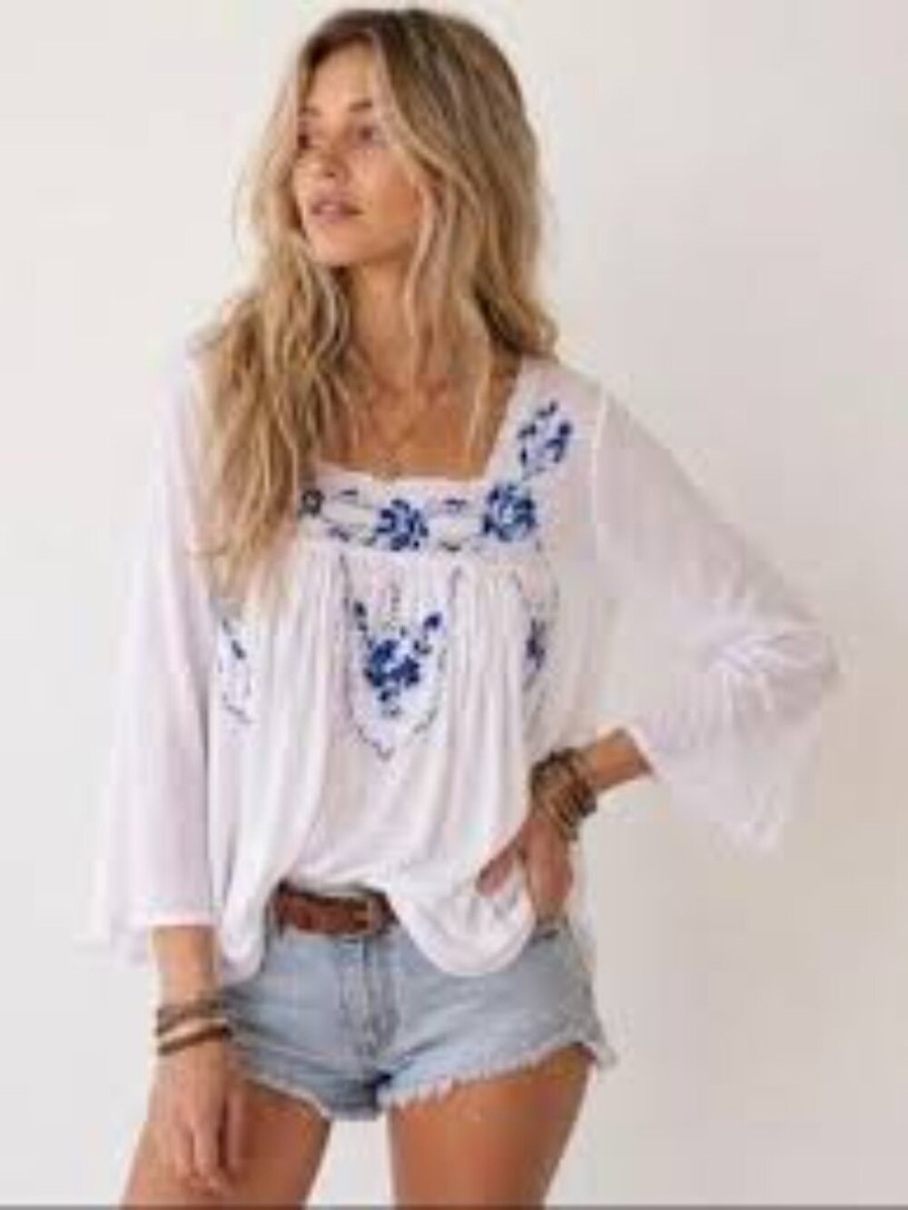 Free People White Tunic with Blue Floral Embroidery